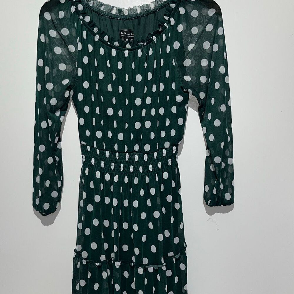 Kate and Lily Women's Green White Polka Dot Ruffled Neck Midi Dress Size 6P NWOT